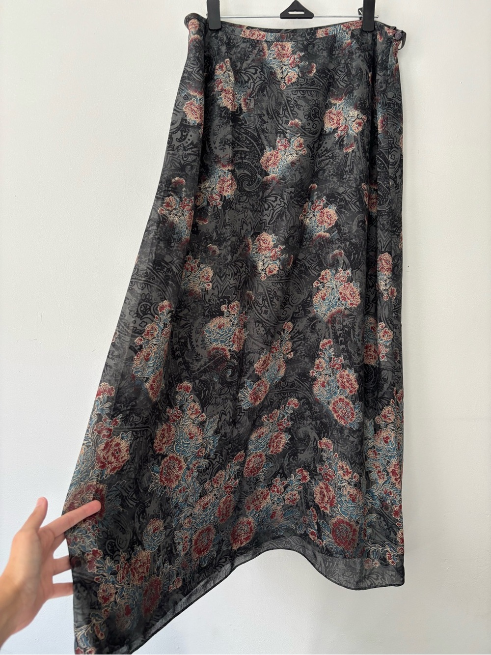 Y2K Grunge Silk Grey Floral Maxi Whimsygoth Skirt - Size Medium